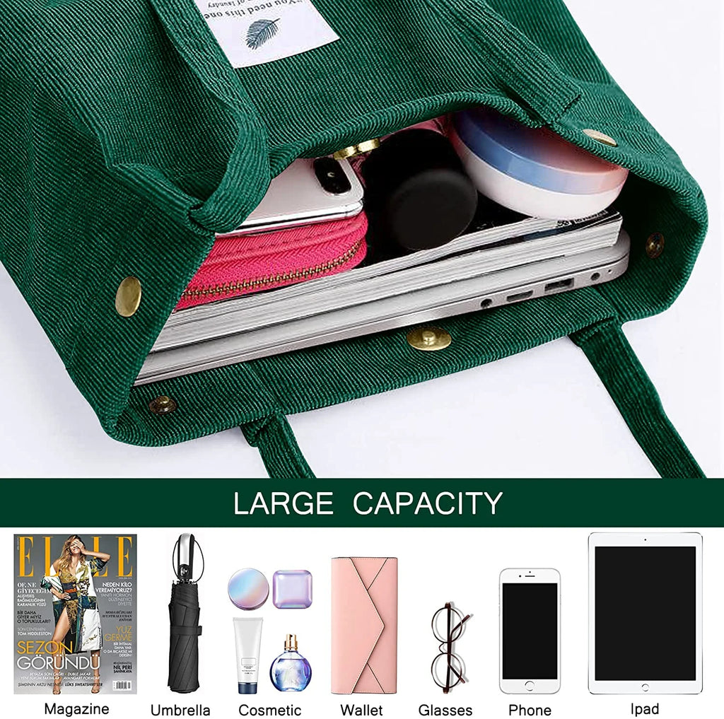 Corduroy Tote Bag with Inner Pocket Large (Green)