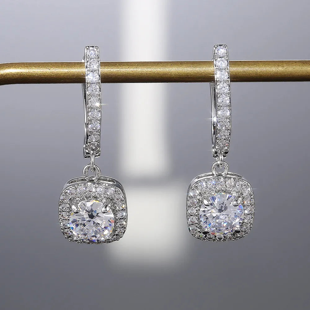 18K White Gold Plated Square Shape Cubic Zirconia Clip on Earrings