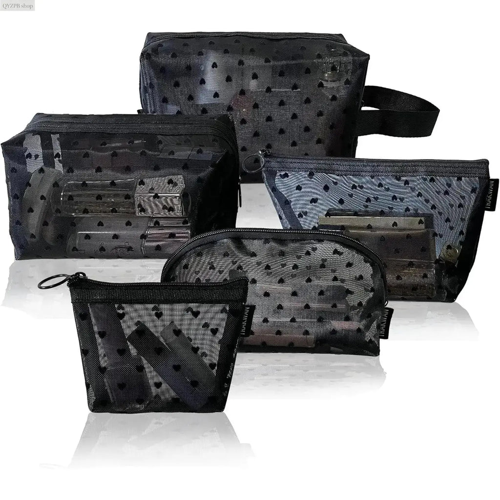 Women'S Casual Black-5 Pcs Makeup Bag Set, Clear Mesh Heart-Pattern Cosmetic Organizer Pouches, Zippered Lightweight Purse Accessories - inside Girly Purse Storage for Bathroom, Travel