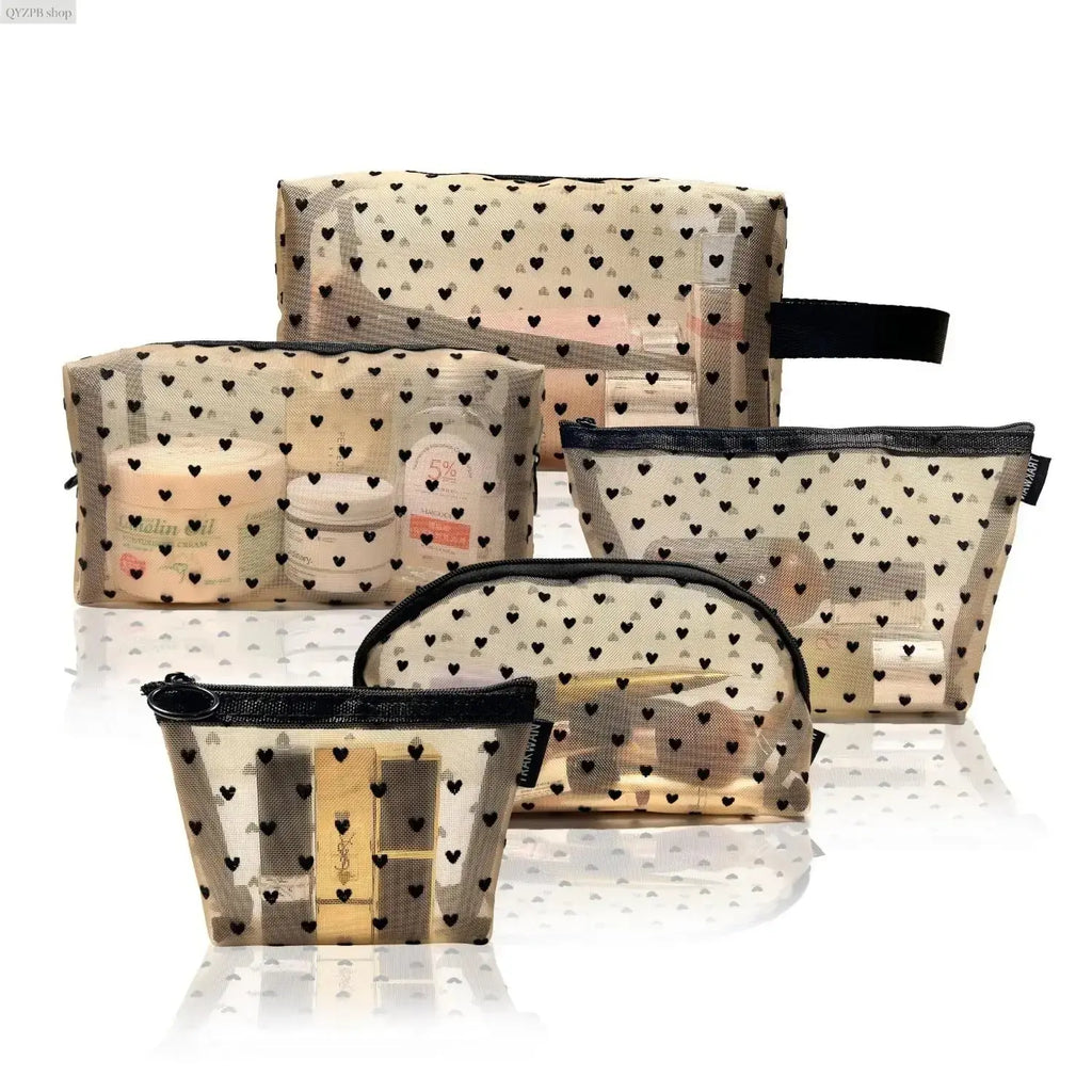 Women'S Casual Black-5 Pcs Makeup Bag Set, Clear Mesh Heart-Pattern Cosmetic Organizer Pouches, Zippered Lightweight Purse Accessories - inside Girly Purse Storage for Bathroom, Travel