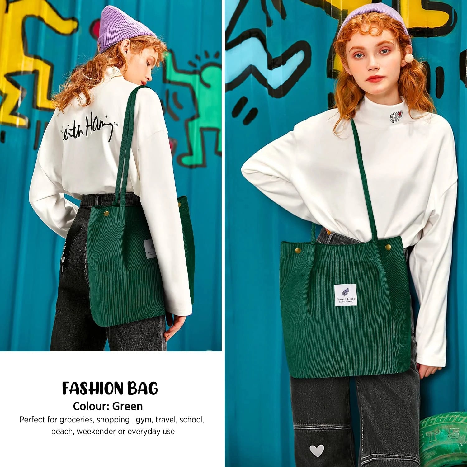 Corduroy Tote Bag with Inner Pocket Large (Green)