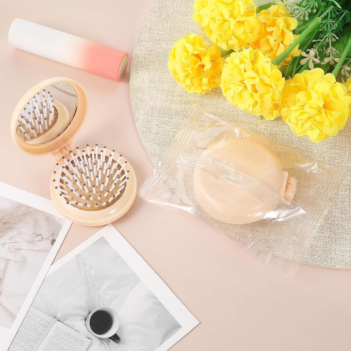 Mini Hair Brush with Mirror Travel Size (Beige)