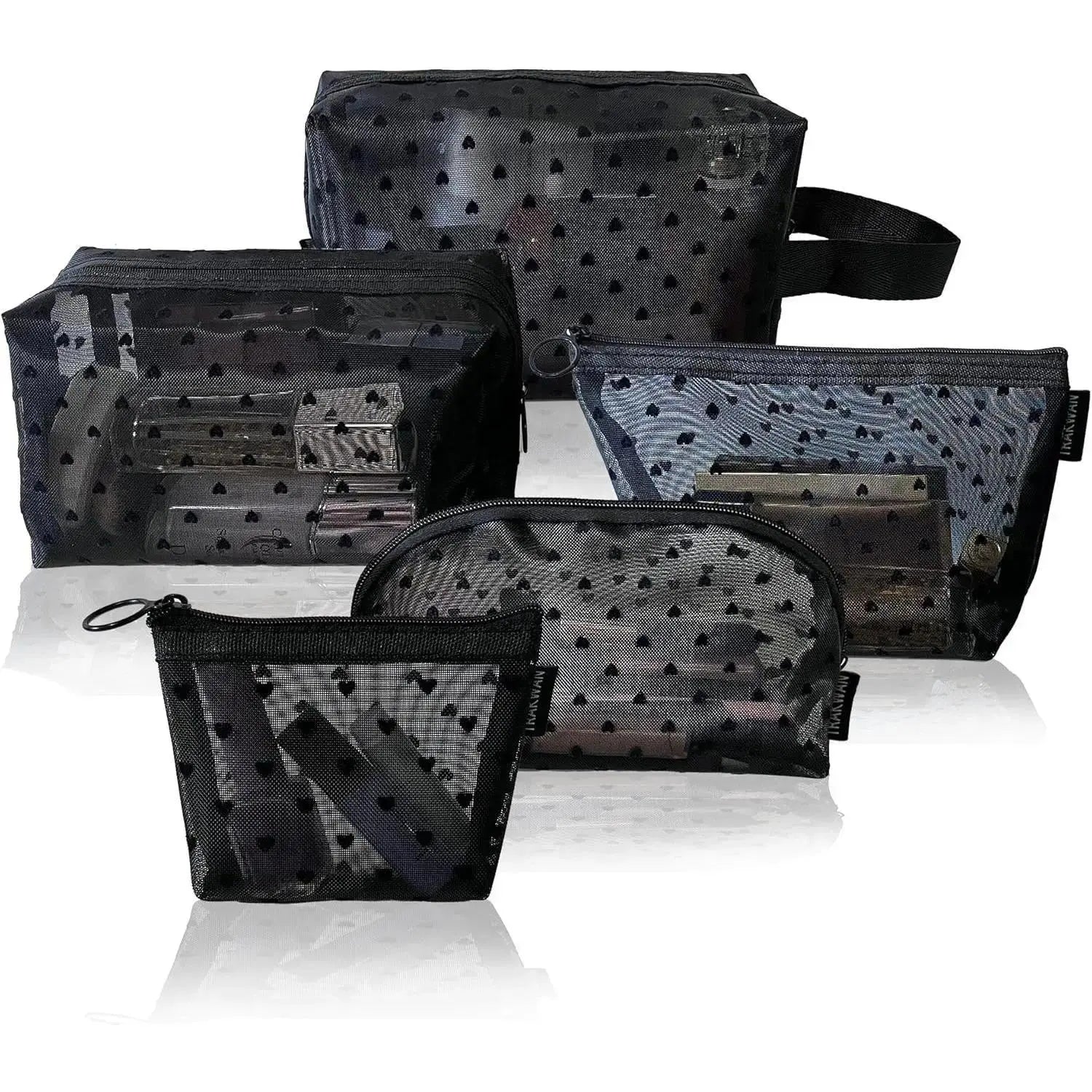 Women'S Casual Black-5 Pcs Makeup Bag Set, Clear Mesh Heart-Pattern Cosmetic Organizer Pouches, Zippered Lightweight Purse Accessories - inside Girly Purse Storage for Bathroom, Travel