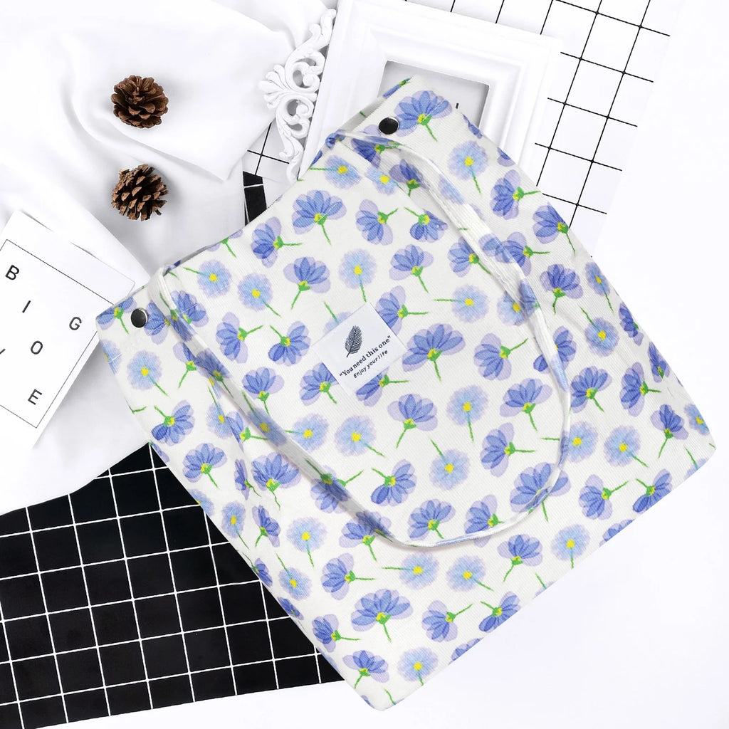 Corduroy Tote Bag (Blue Floral)