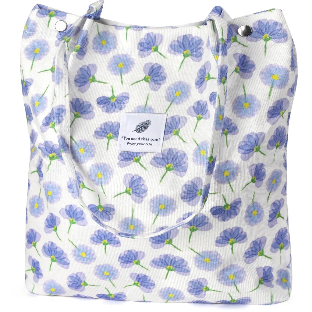 Corduroy Tote Bag (Blue Floral)
