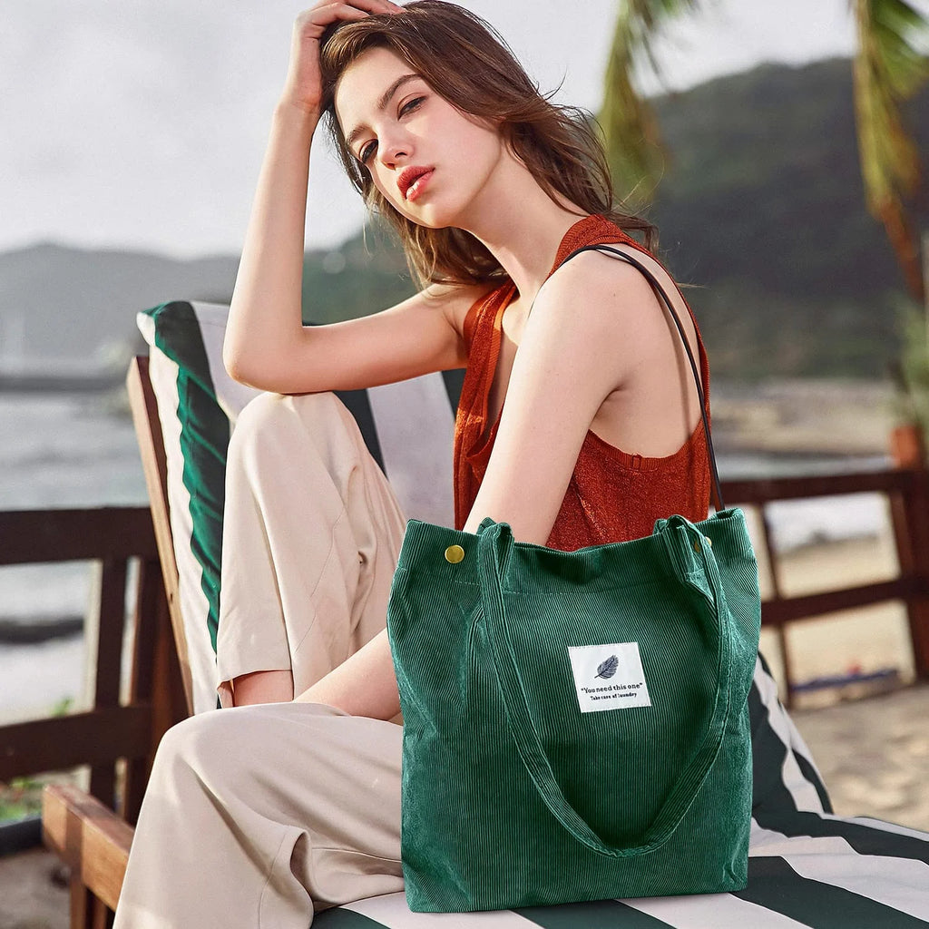 Corduroy Tote Bag with Inner Pocket Large (Green)