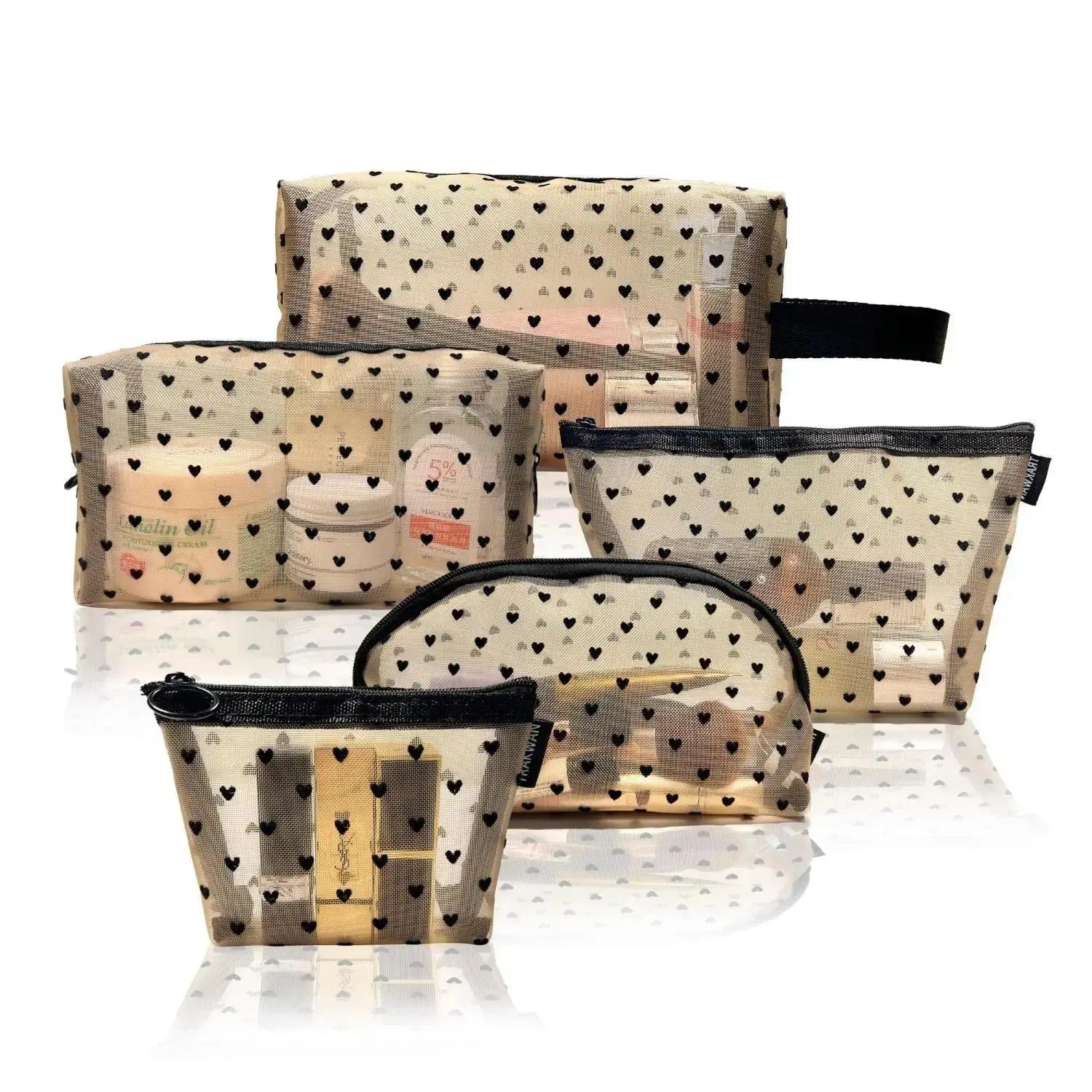 Women'S Casual Black-5 Pcs Makeup Bag Set, Clear Mesh Heart-Pattern Cosmetic Organizer Pouches, Zippered Lightweight Purse Accessories - inside Girly Purse Storage for Bathroom, Travel