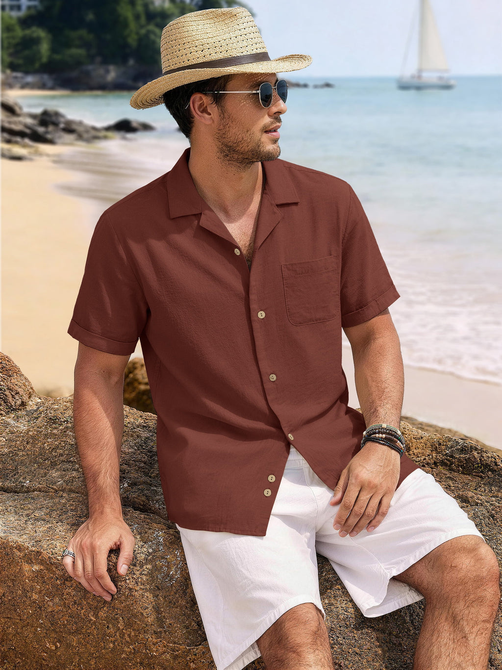 Men Linen Shirts Casual Short Sleeve Button down Shirts for Men Beach Tops with Pocket