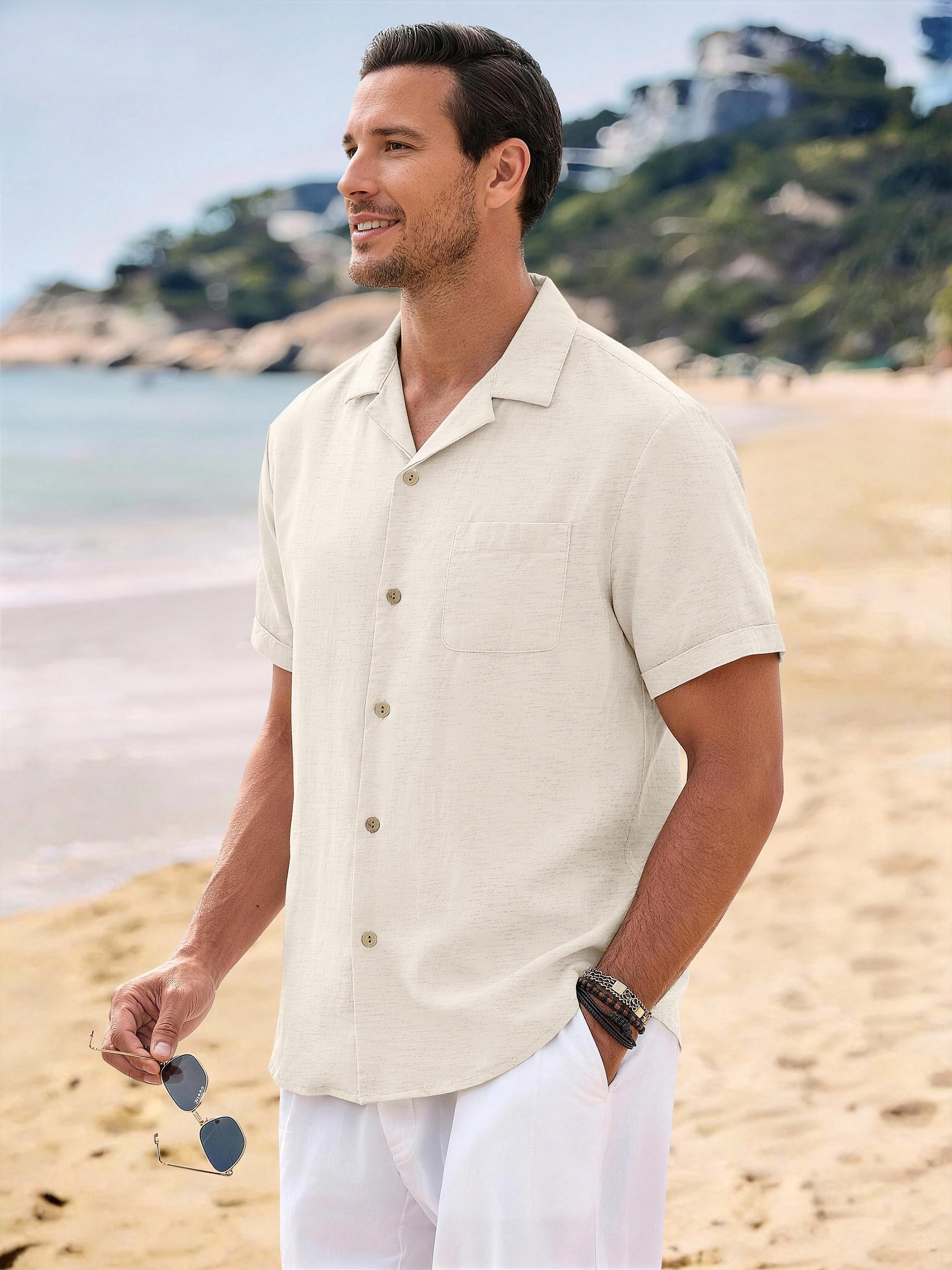 Men Linen Shirts Casual Short Sleeve Button down Shirts for Men Beach Tops with Pocket