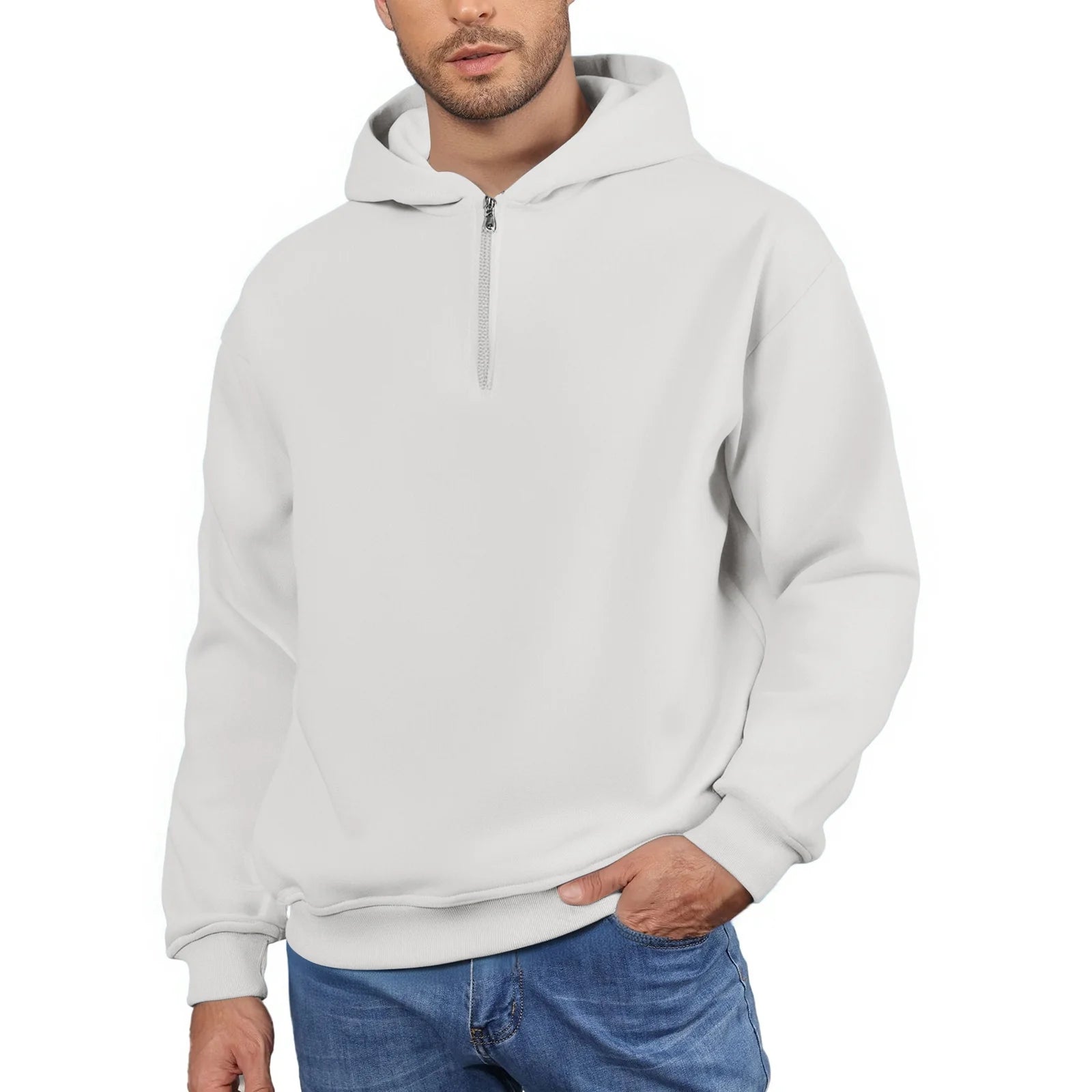 Men'S Quarter Zip Hoodies White 2XL