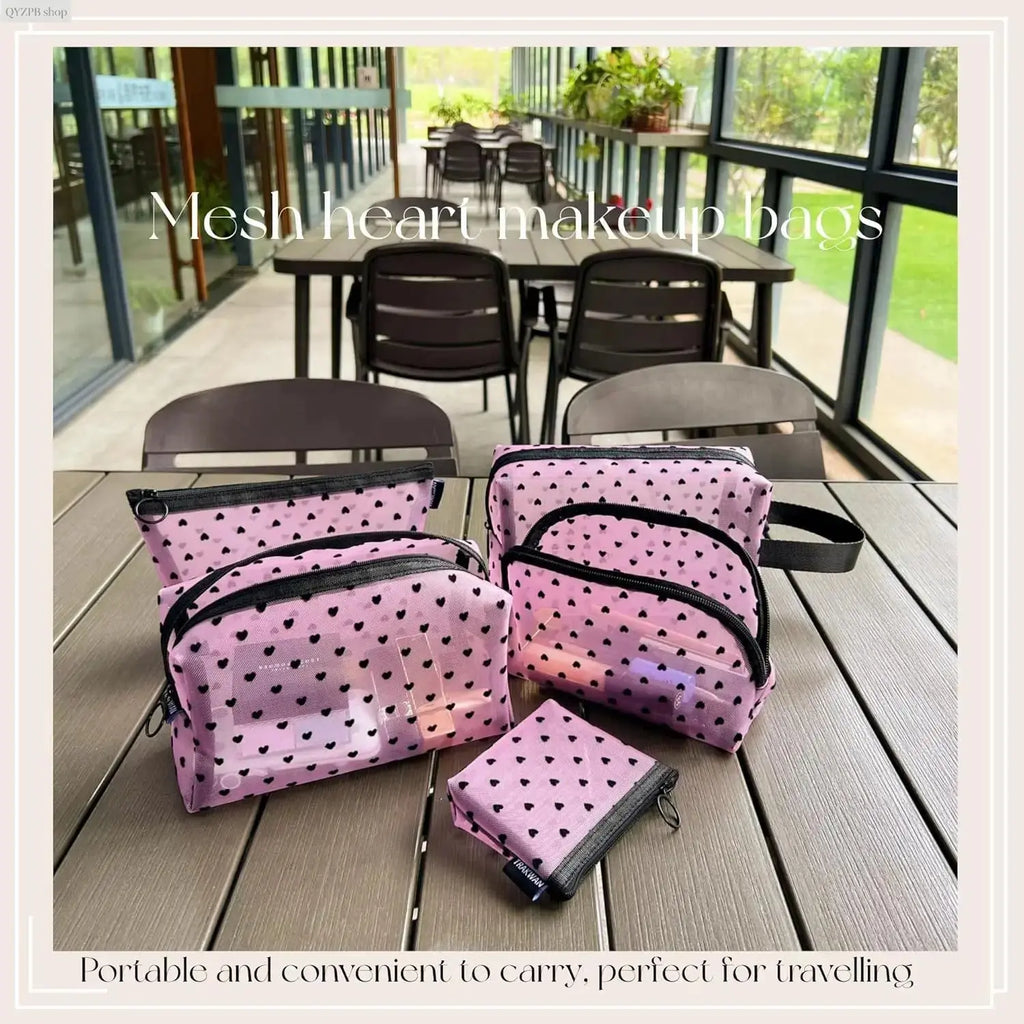 Women'S Casual Black-5 Pcs Makeup Bag Set, Clear Mesh Heart-Pattern Cosmetic Organizer Pouches, Zippered Lightweight Purse Accessories - inside Girly Purse Storage for Bathroom, Travel